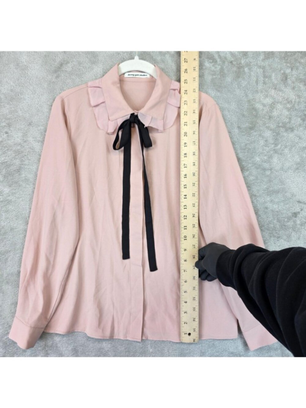 Jeong Gam Studios Blouse Womens M Pink Collared Long Sleeve Bow Ruffle Top - Picture 6 of 10